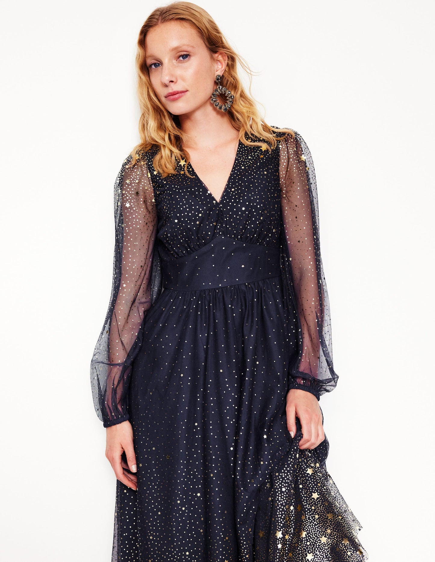 Christina Tulle Midi Dress -Navy, Foil Scattered Stars