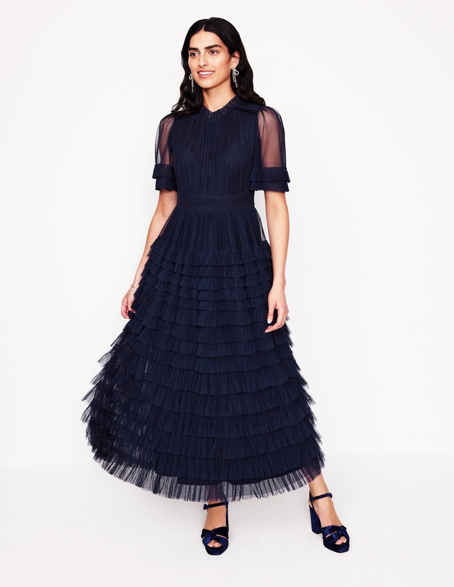 Tiered Ruffle Tulle Dress-Navy