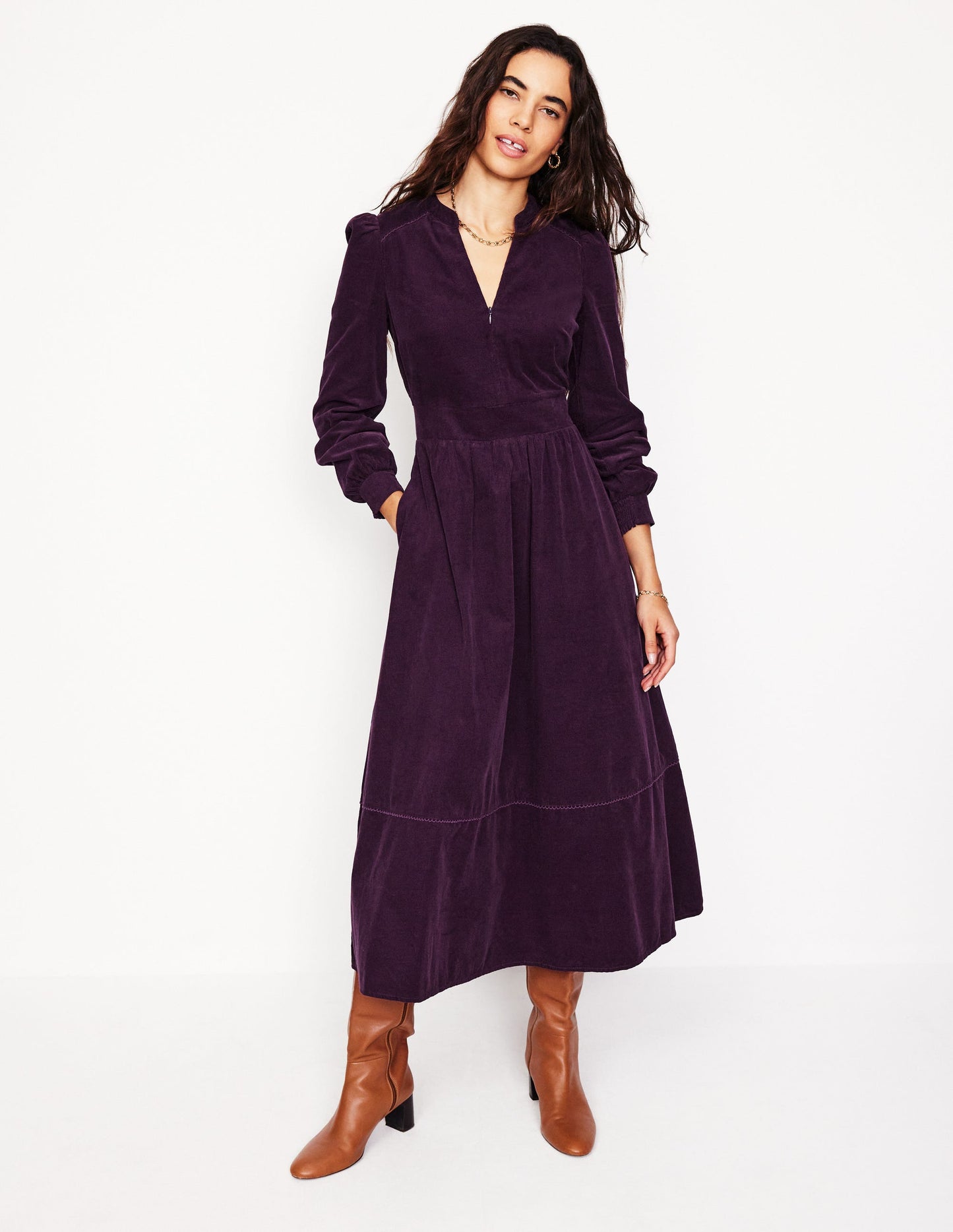 Zoe Zip Up Cord Midi Dress -Damson