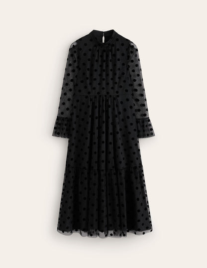 High Neck Tulle Tea Dress-Black Spot