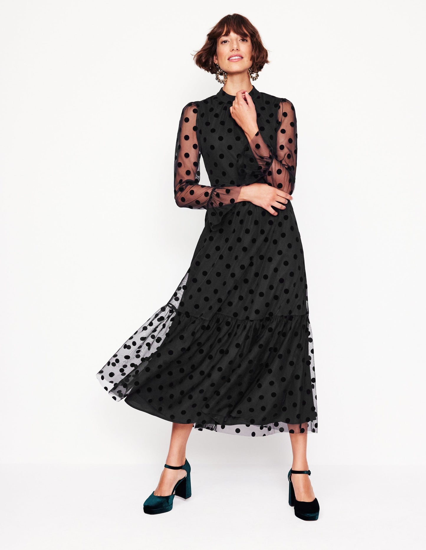 High Neck Tulle Tea Dress-Black Spot