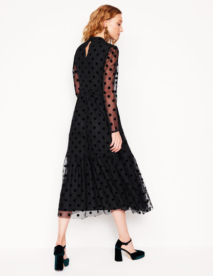 High Neck Tulle Tea Dress-Black Spot