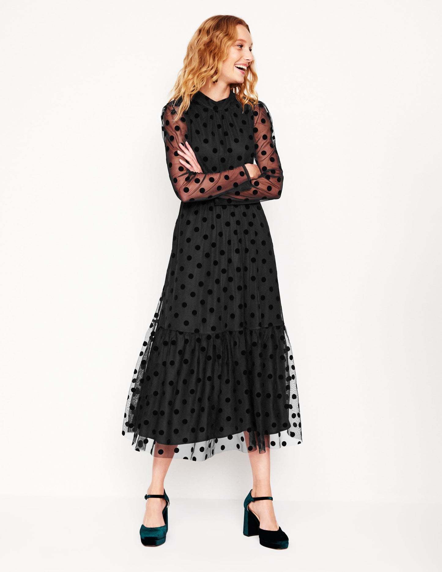 High Neck Tulle Tea Dress-Black Spot