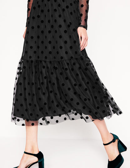 High Neck Tulle Tea Dress-Black Spot