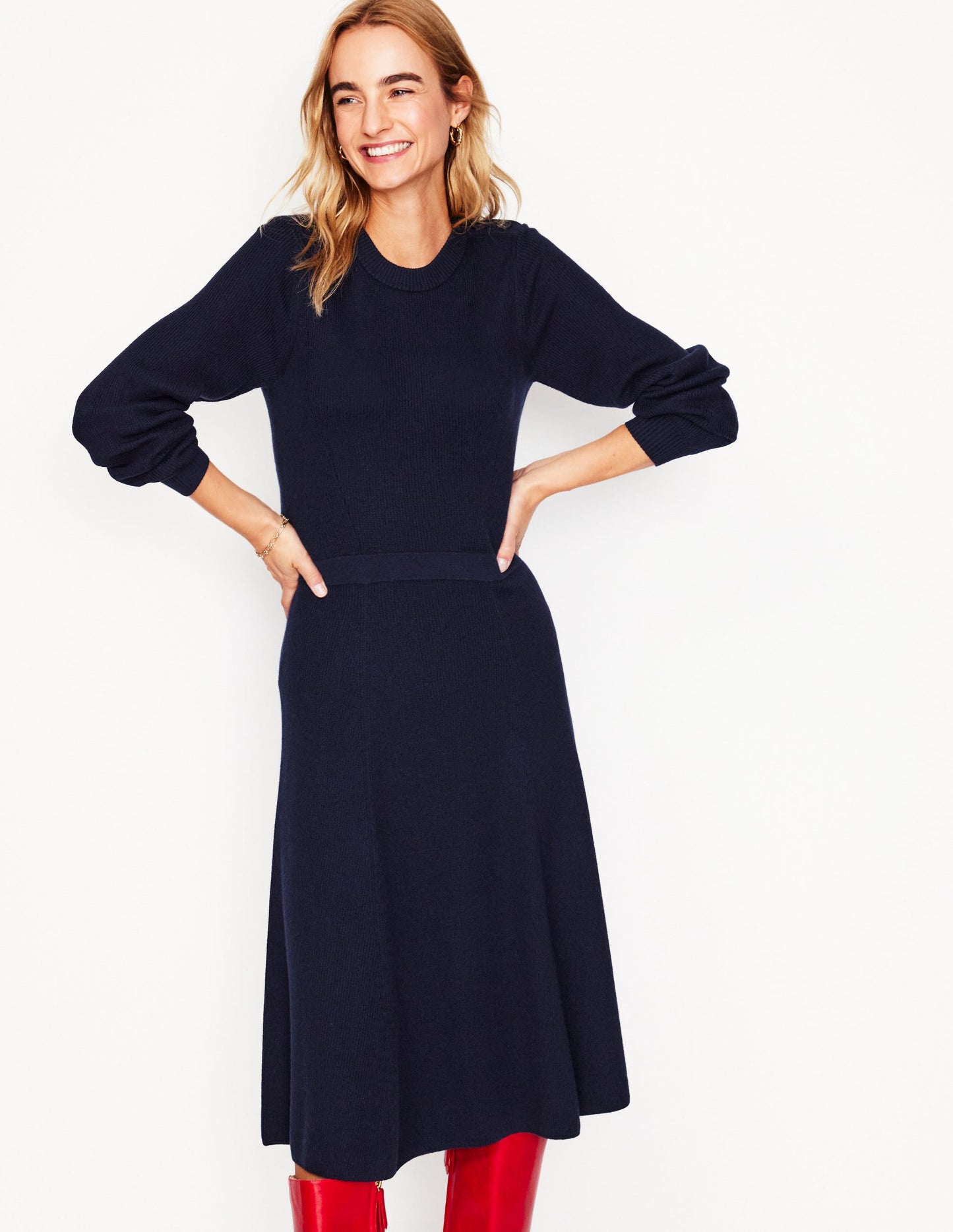 Button Shoulder Knitted Dress-Navy