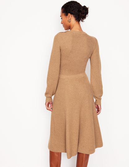 Button Shoulder Knitted Dress-Camel Melange