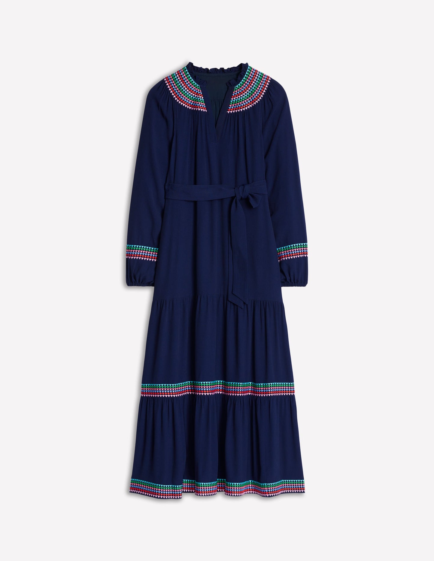 Embroidered Yoke Midi Dress-Navy