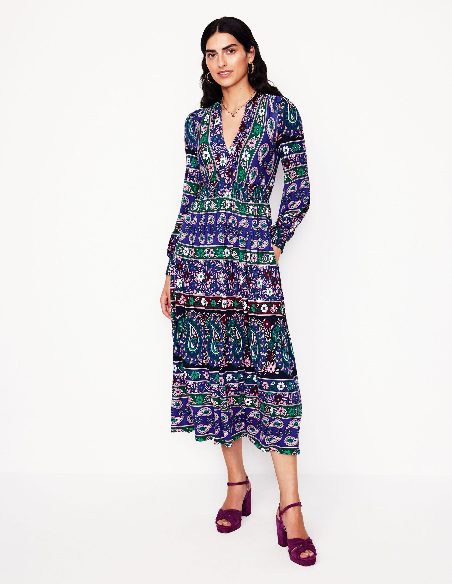 Ivy Border Print Midi Dress-Rich Blue, Paisley Medley