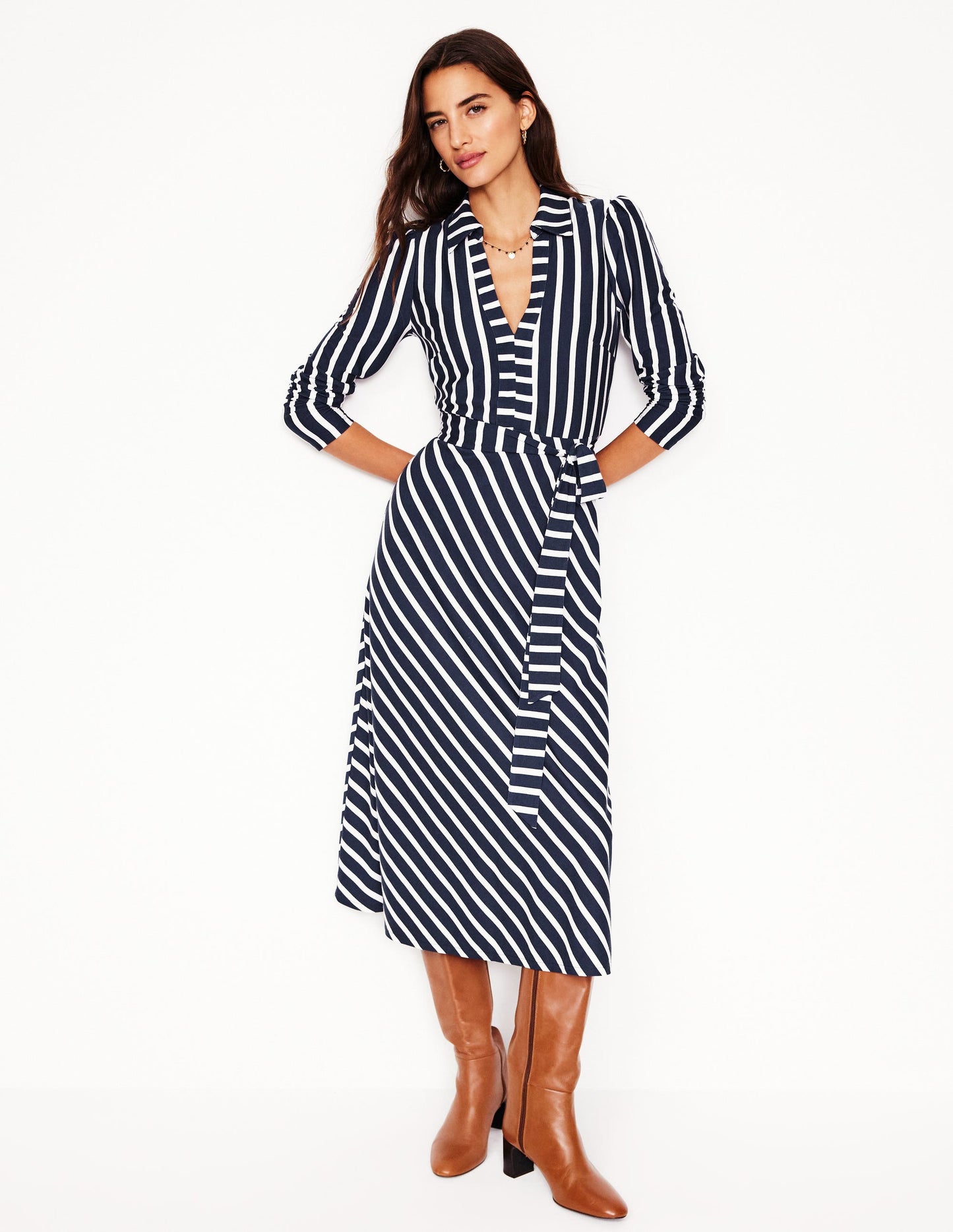 Imogen Collared Jersey Dress-French Navy and Ivory Stripe