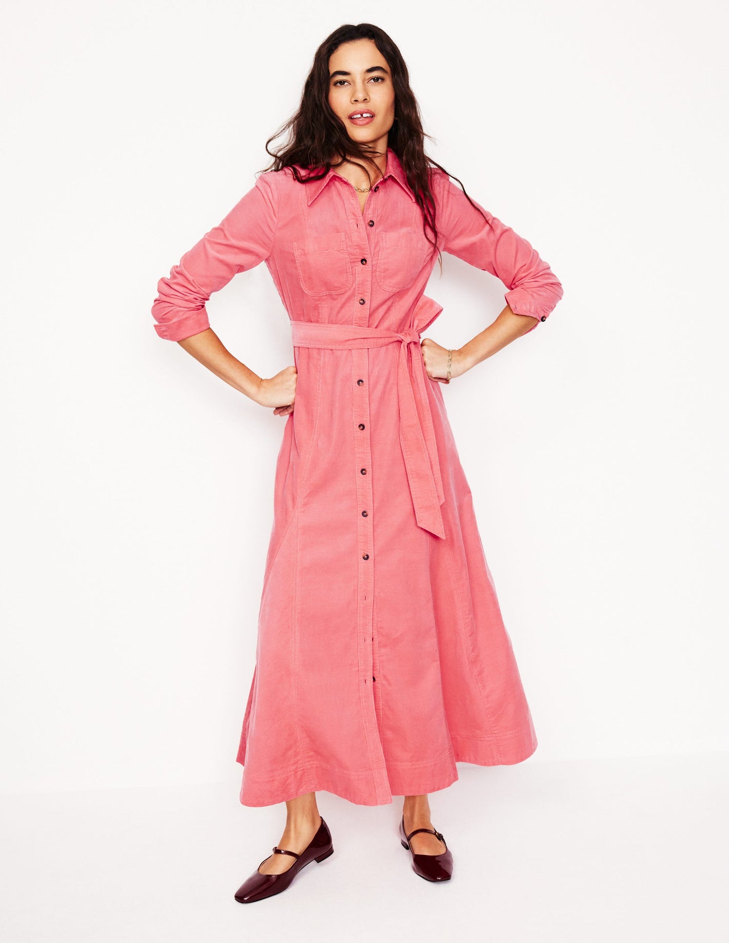 Mila Cord Midi Shirt Dress -Azalea Pink