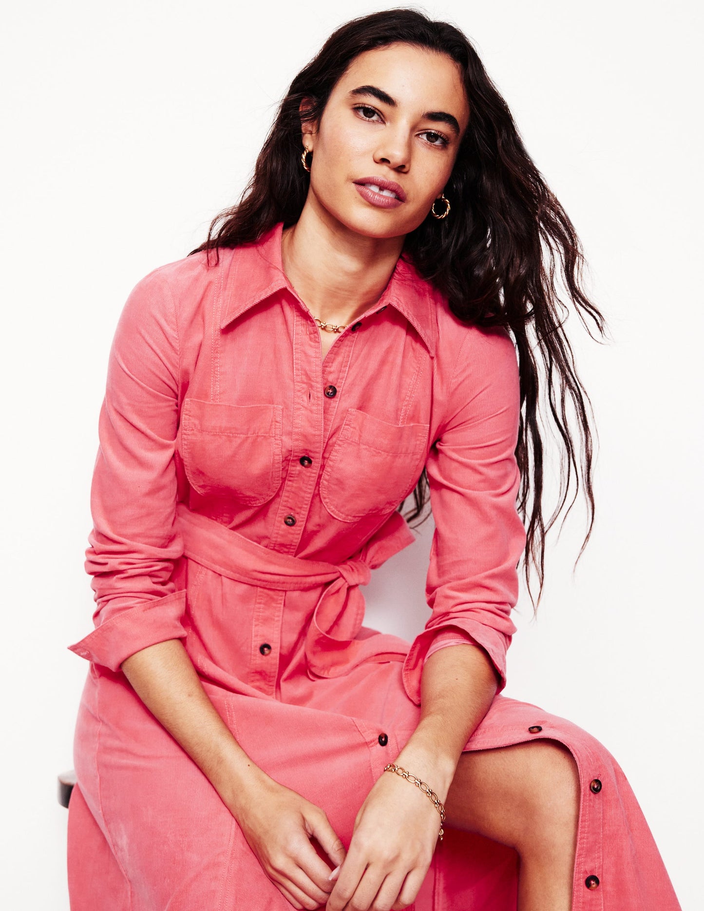 Mila Cord Midi Shirt Dress -Azalea Pink