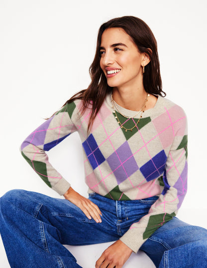 Lydia Cashmere Jumper -Green and Lilac Multi Argyle