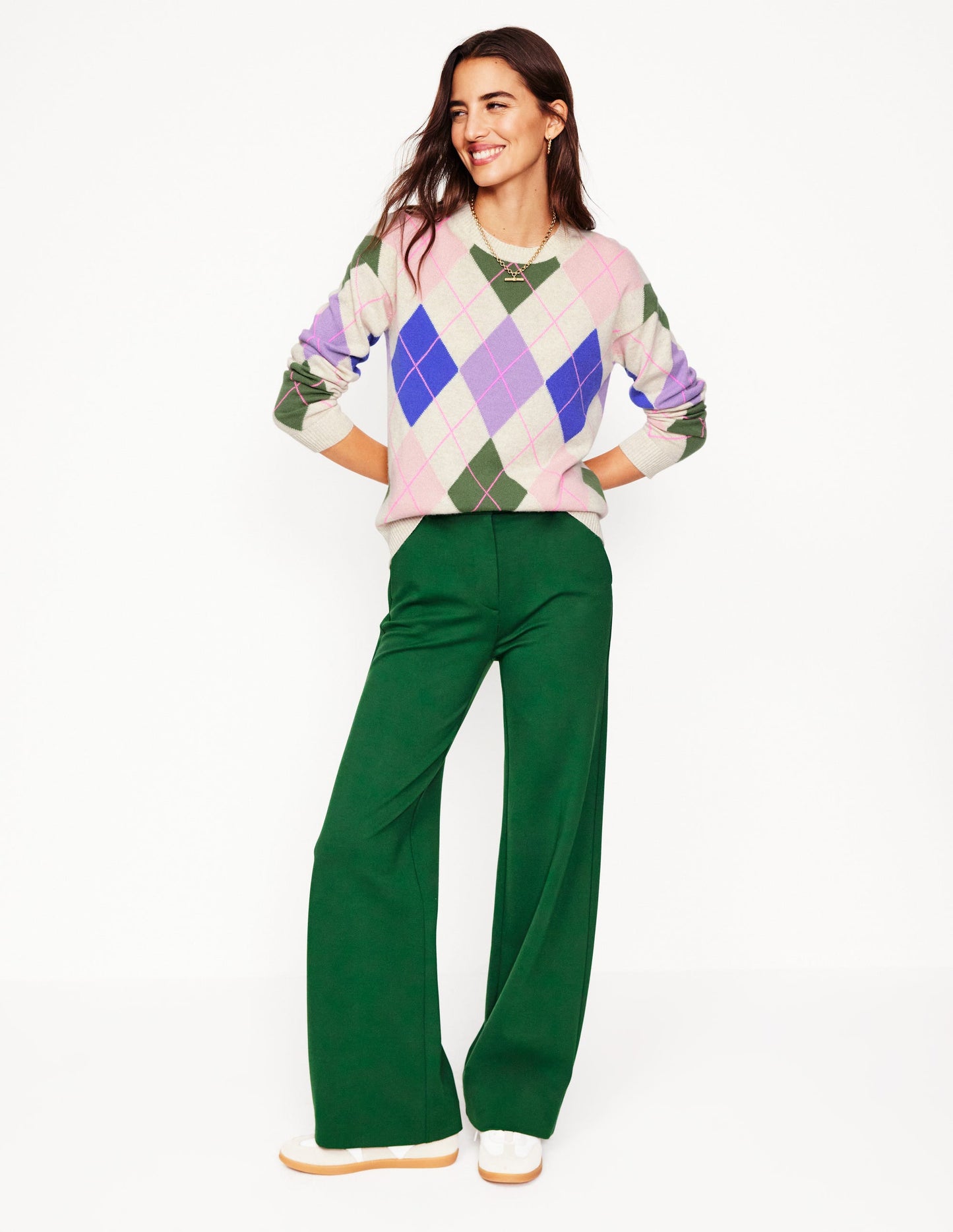 Lydia Cashmere Jumper -Green and Lilac Multi Argyle