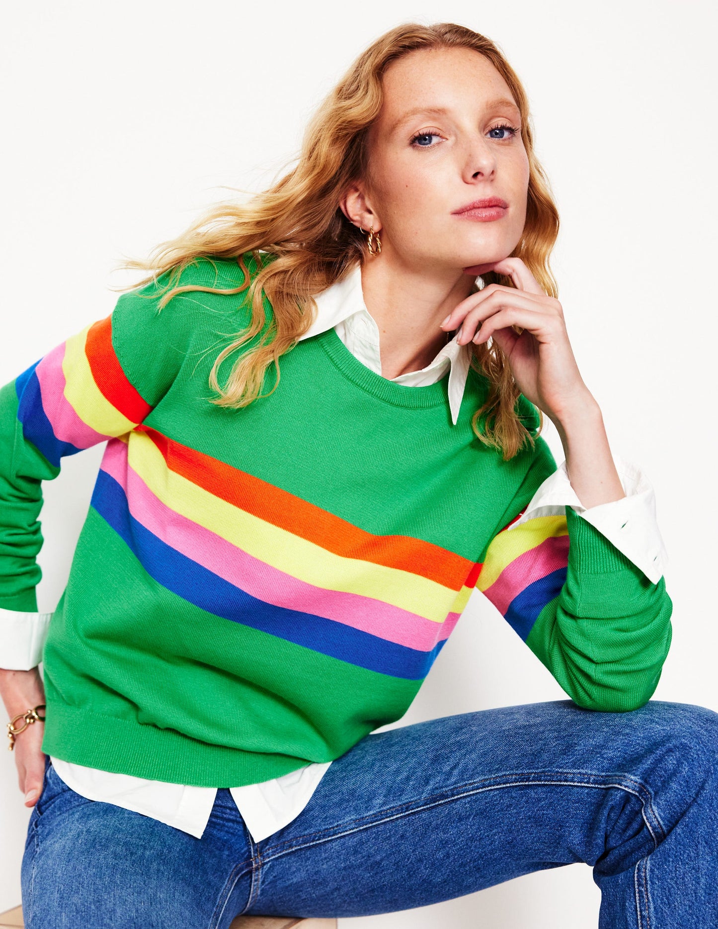 Lara Relaxed Cotton Jumper-Bright Green Chest Stripe