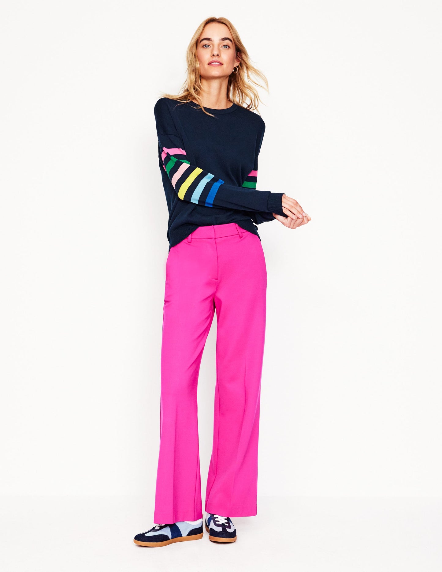 Lara Relaxed Cotton Jumper-Navy Rainbow Sleeve Stripe