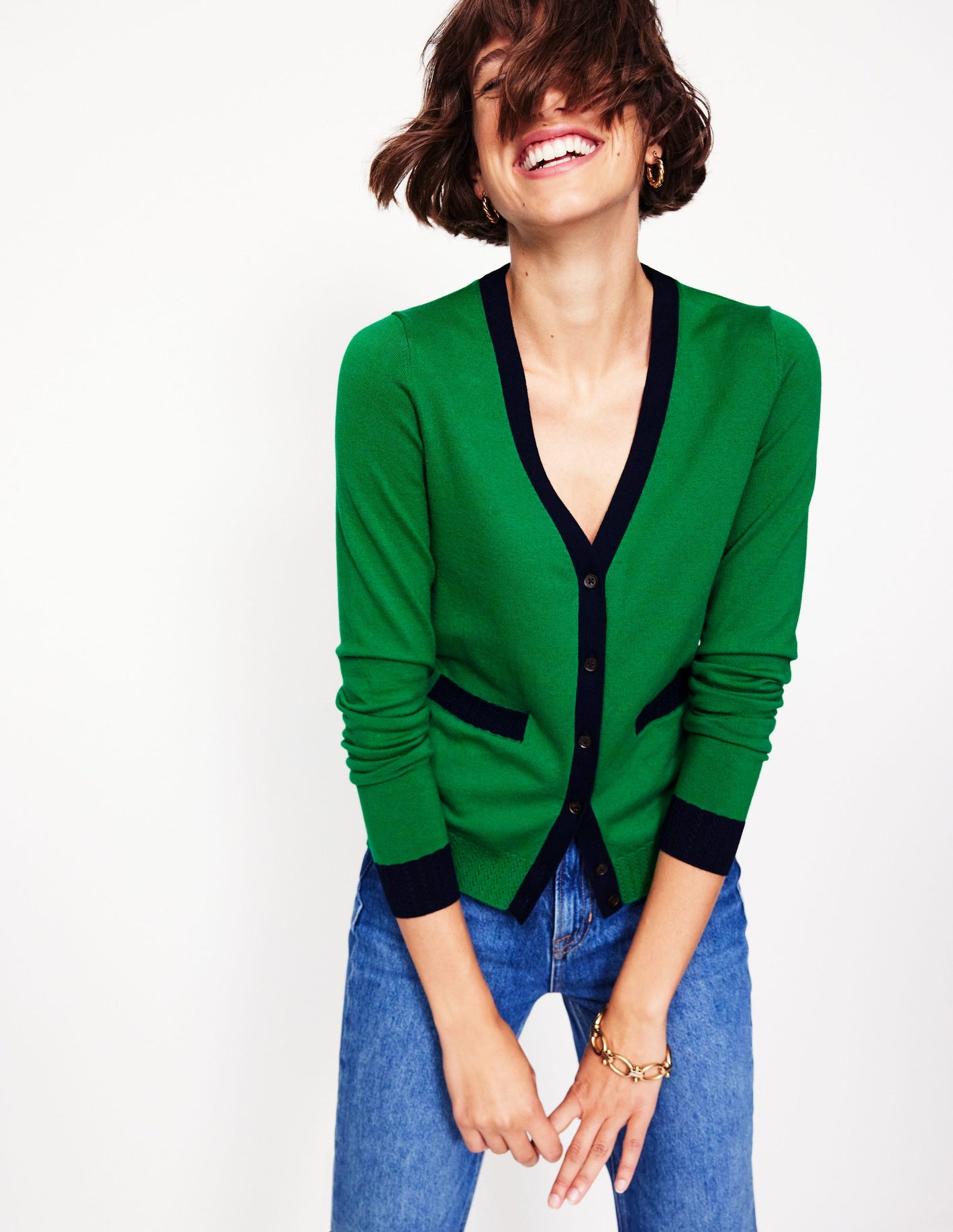 Emilia Cotton V Neck Cardigan -Rich Emerald/Navy