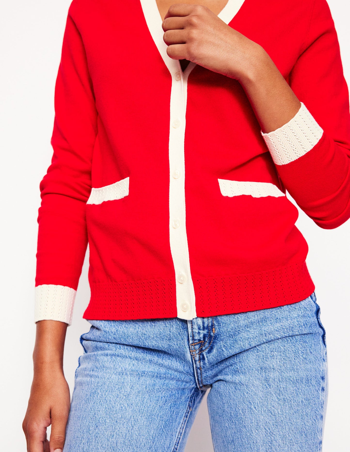 Emilia Cotton V Neck Cardigan -Poppy Red