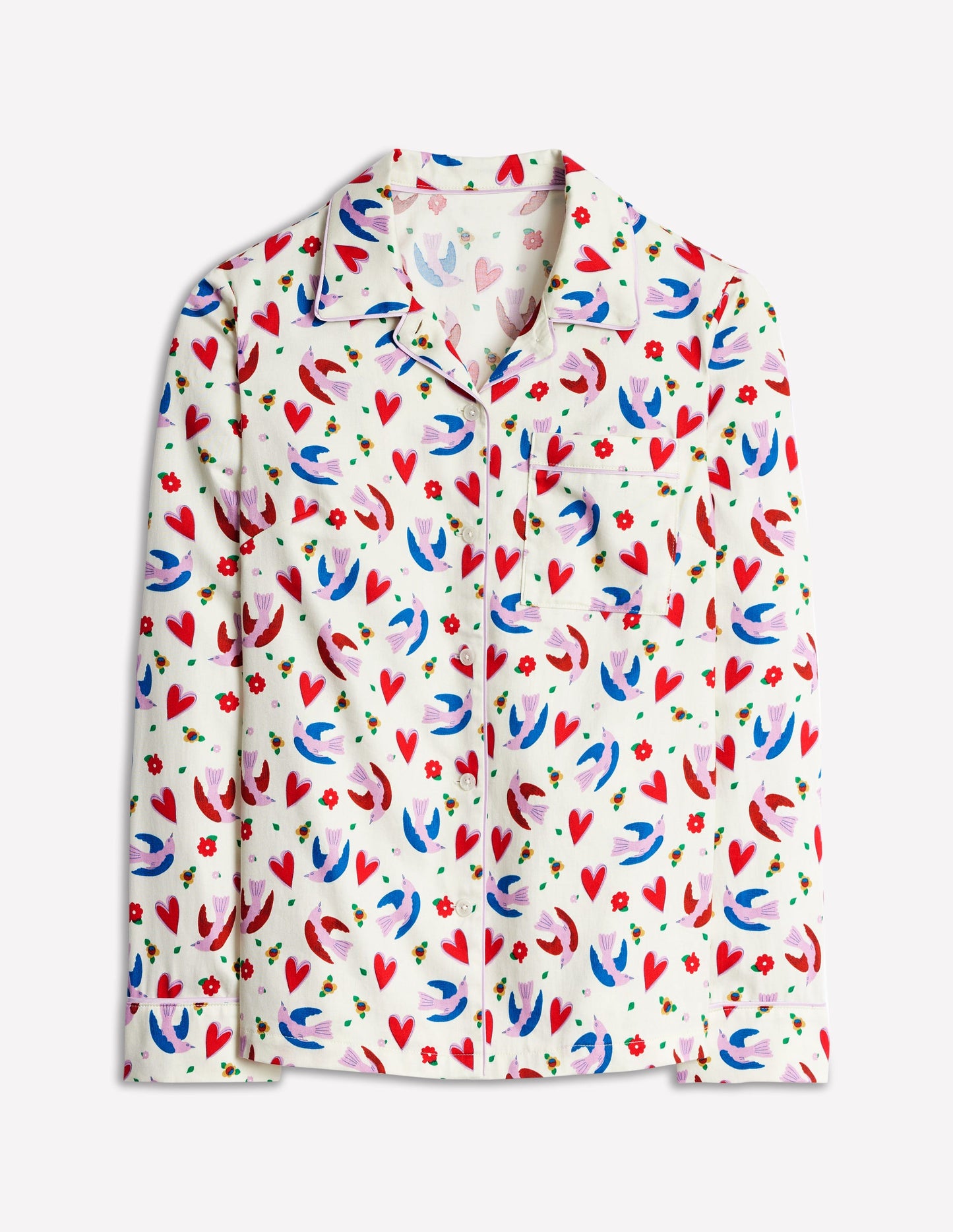 Cotton Sateen Pyjama Shirt-Ivory, Heart Flutter