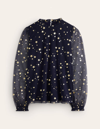 Tulle Blouson Sleeve Top -Navy, Scattered Stars