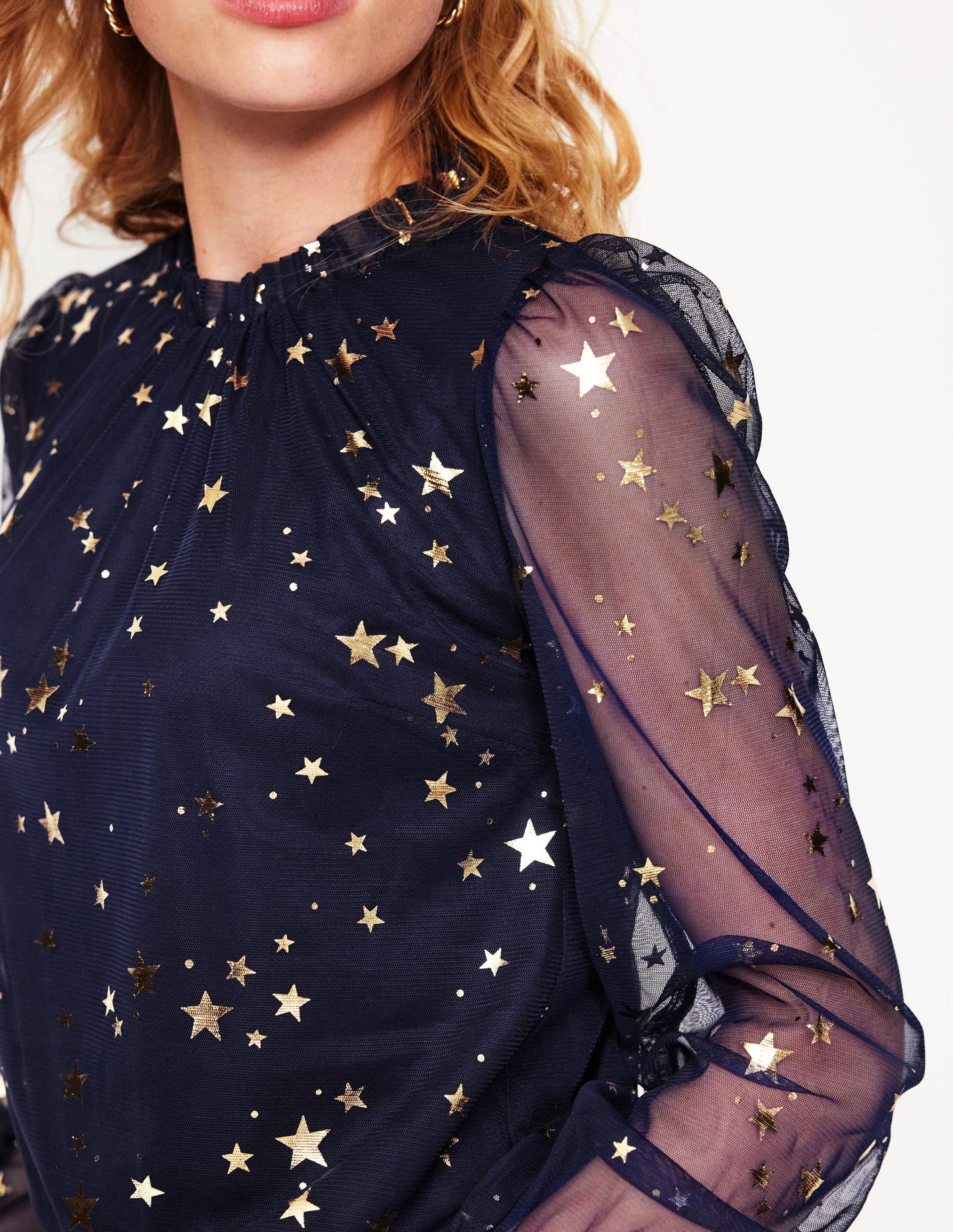 Tulle Blouson Sleeve Top -Navy, Scattered Stars