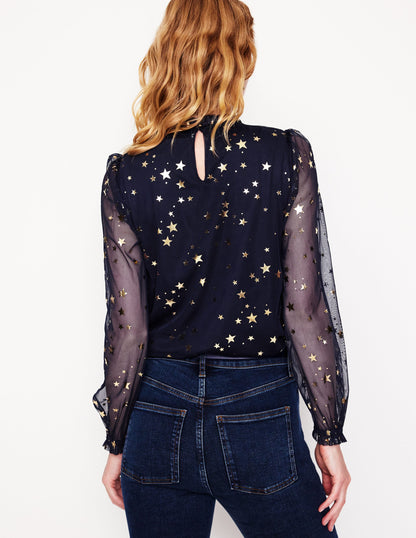 Tulle Blouson Sleeve Top -Navy, Scattered Stars