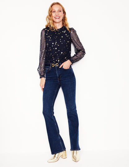 Tulle Blouson Sleeve Top -Navy, Scattered Stars