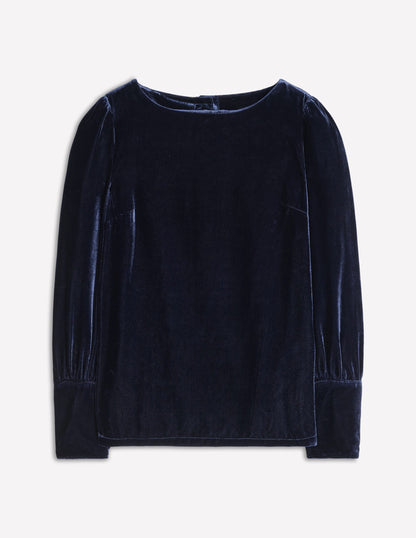 Button Back Velvet Top-Navy