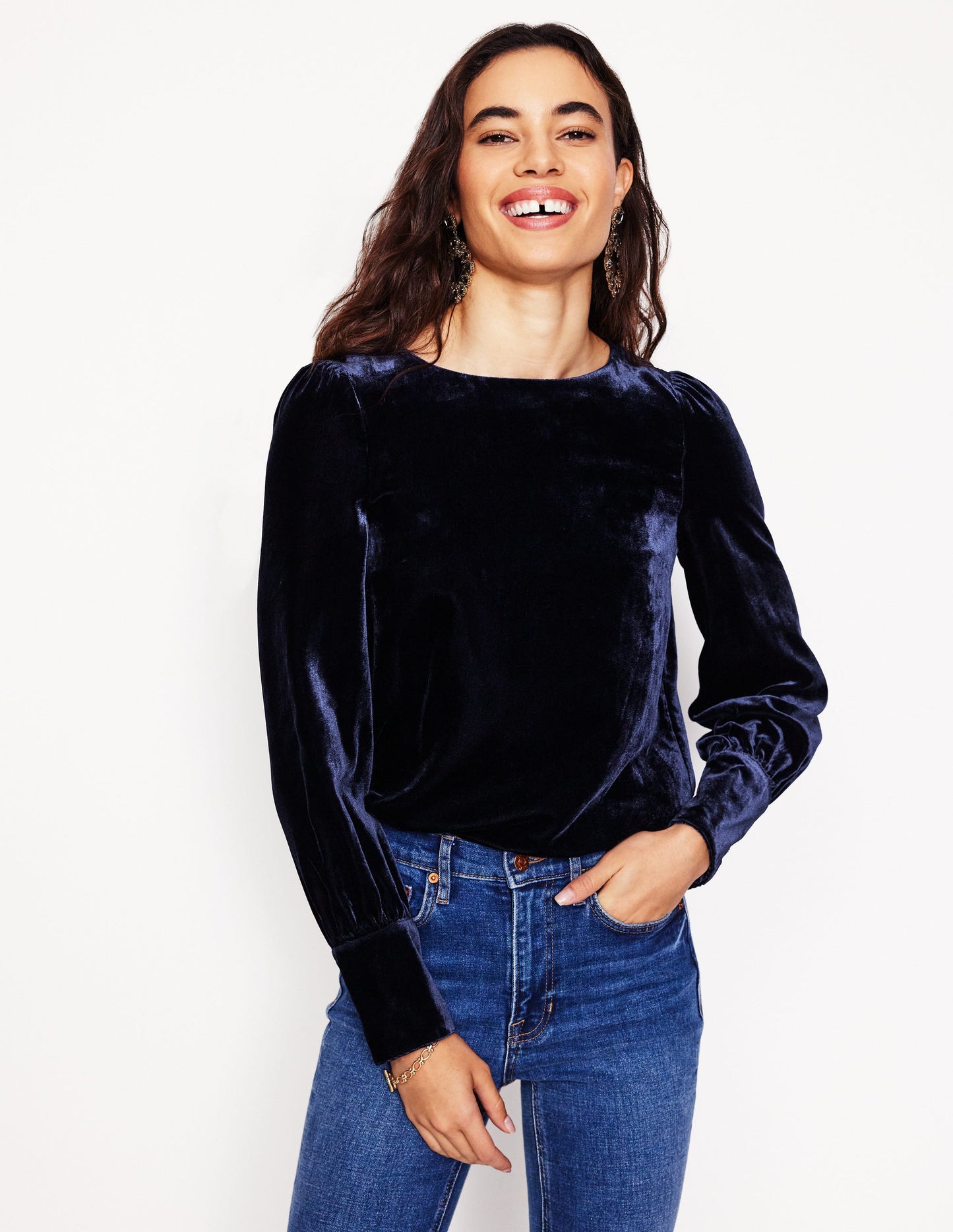 Button Back Velvet Top-Navy