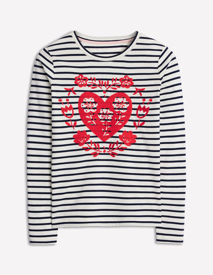 Novelty Long Sleeve Jersey Top-Ivory, Navy Heart