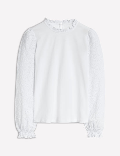 Broderie Sleeve Frill Neck Top-White