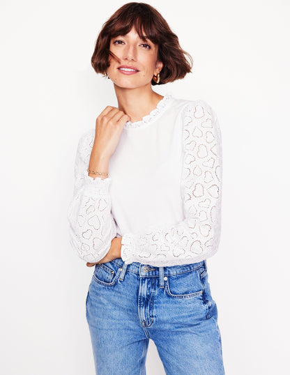 Broderie Sleeve Frill Neck Top-White