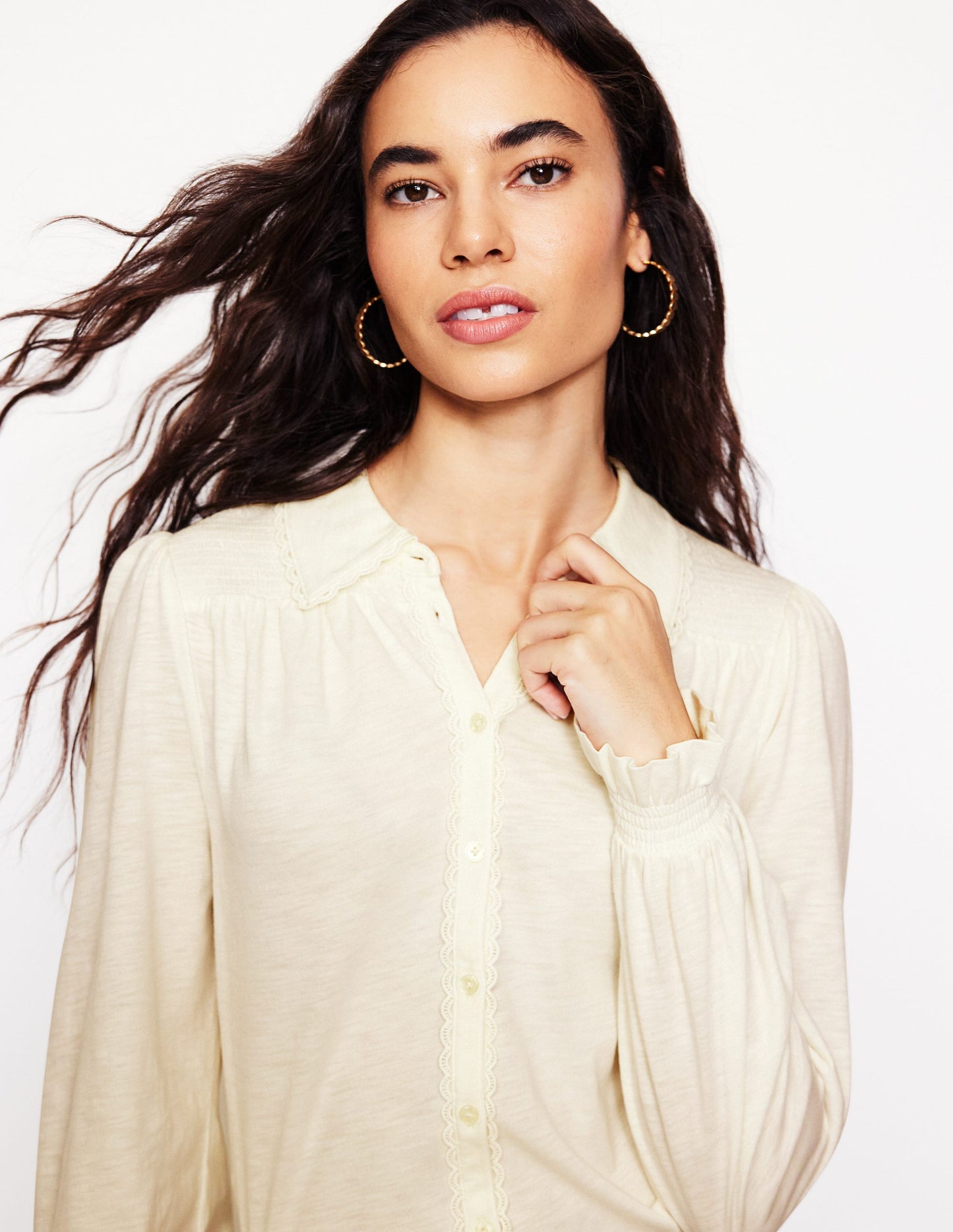 Smocked Jersey Shirt -Ivory