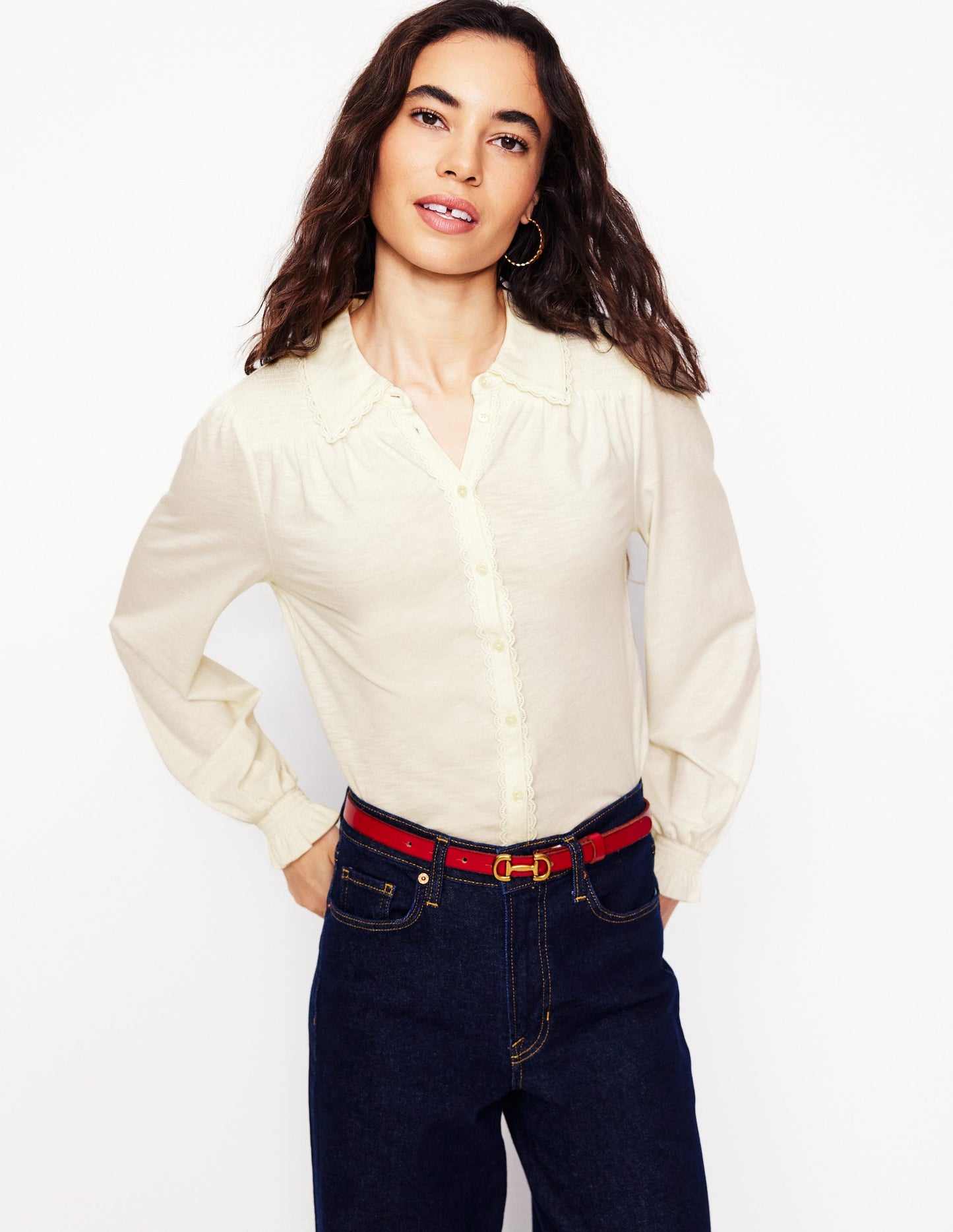 Smocked Jersey Shirt -Ivory