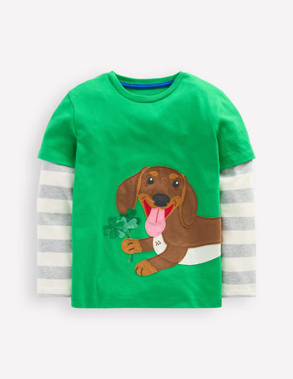 Applique Mock Sleeve T-Shirt-Sapling Green St Paddys Dog