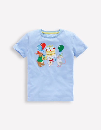 Short Sleeve Appliqué T-shirt-Glacier Blue Birthday Bunnies