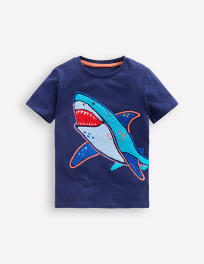 Chain Stitch T-Shirt-Medieval blue Shark