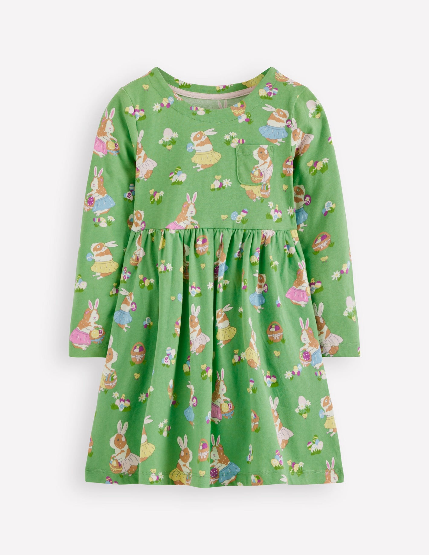 Long-Sleeved Fun Jersey Dress-Aloe Green Easter Guinea Pigs