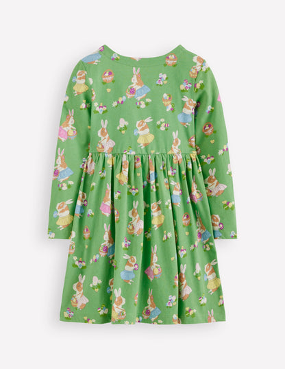 Long-Sleeved Fun Jersey Dress-Aloe Green Easter Guinea Pigs