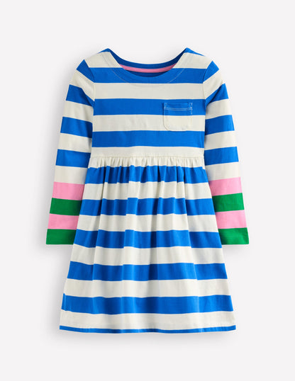 Long-Sleeved Fun Jersey Dress-Gallery Blue/ Ivory Stripe