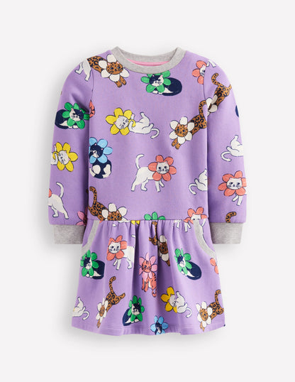 Cosy Printed Sweatshirt Dress-Aster Purple Flower Cat