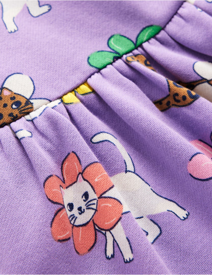 Cosy Printed Sweatshirt Dress-Aster Purple Flower Cat