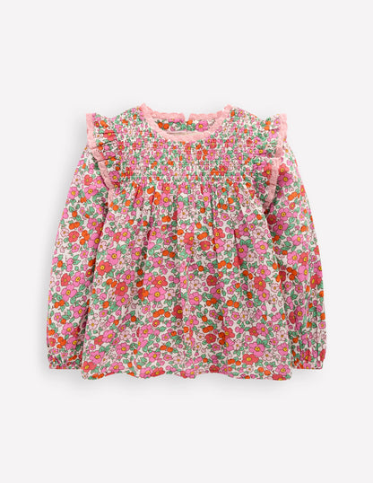 Smocked Ruffle Blouse-Pink Apple Blossom Floral