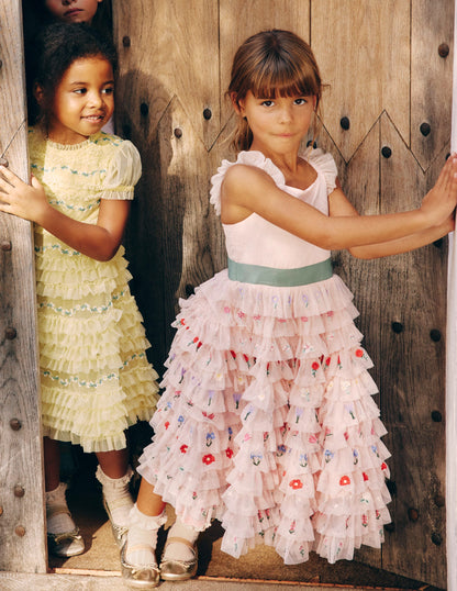 Embroidered Tulle Dress-Chalk Pink Flowers