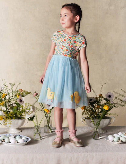 Ami Applique Tulle Dress-Pale Blue Horses