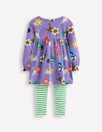 Long-sleeved print tunic set-Aster Purple Flower Cats