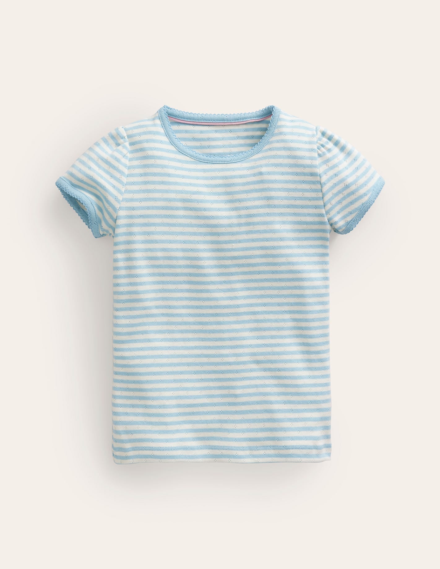 Short Sleeve Pointelle Top-Light Celeste Blue/Soft Ivory