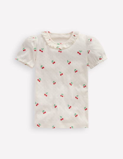 Short-sleeved Ruffle Pointelle-Ivory Cherries