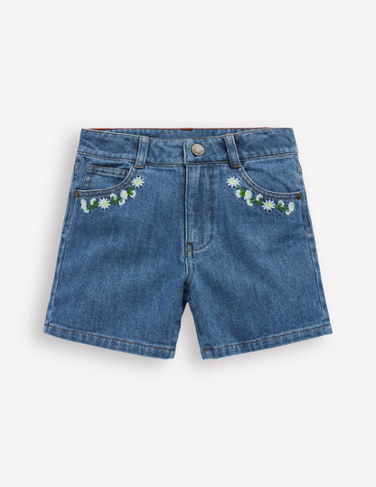 Denim Shorts-Vintage Embroidered Daisy