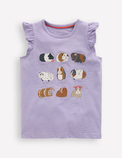 Short Sleeve Frill Logo Top-Misty Lavender Guinea Pigs