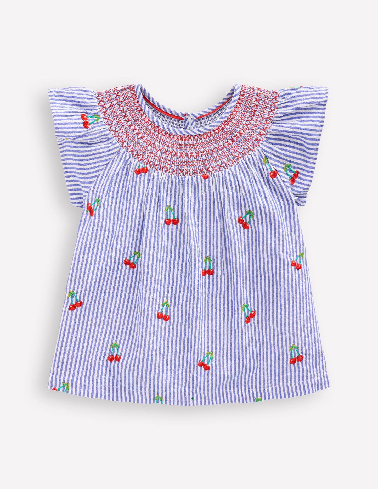 Woven Smocked Top-Blue Ticking Cherries